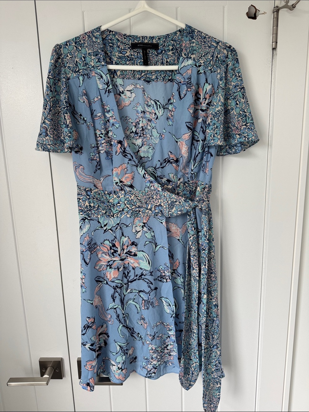 BCBG Blue Floral Whimsical Wrap Dress with Pink & Cream Accents - size small